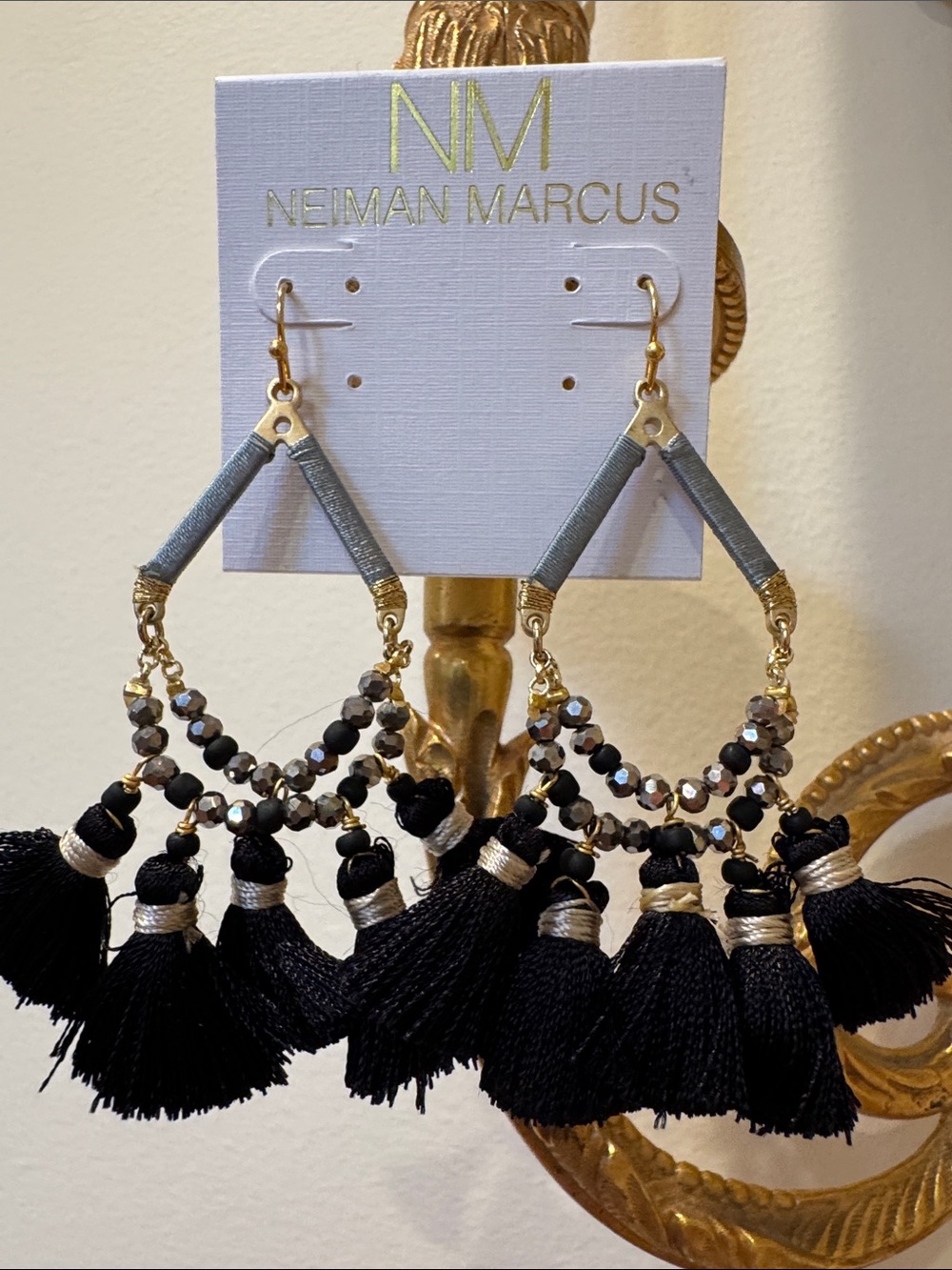 Neiman Marcus Black and Gold Tassel Hoop Earrings NWT